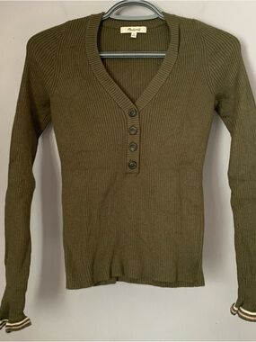 Madewell Olive Green Ribbed Henley Sweater Long Sleeve Button Front Knit Top